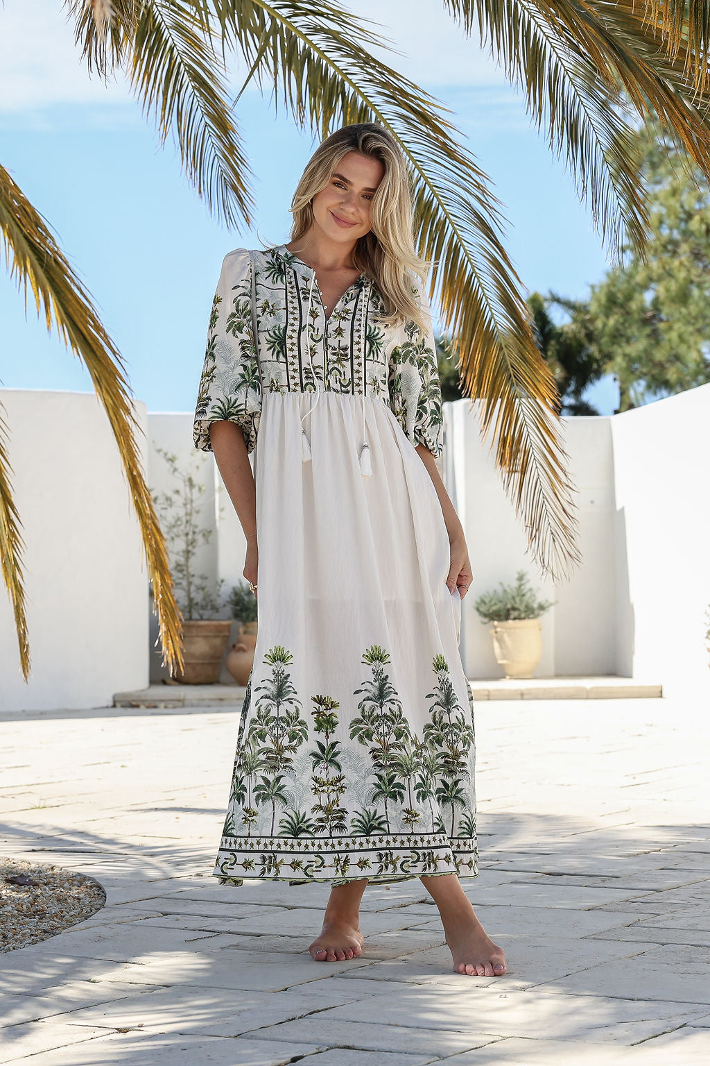 Women's Malina midi dress palm tree print in green