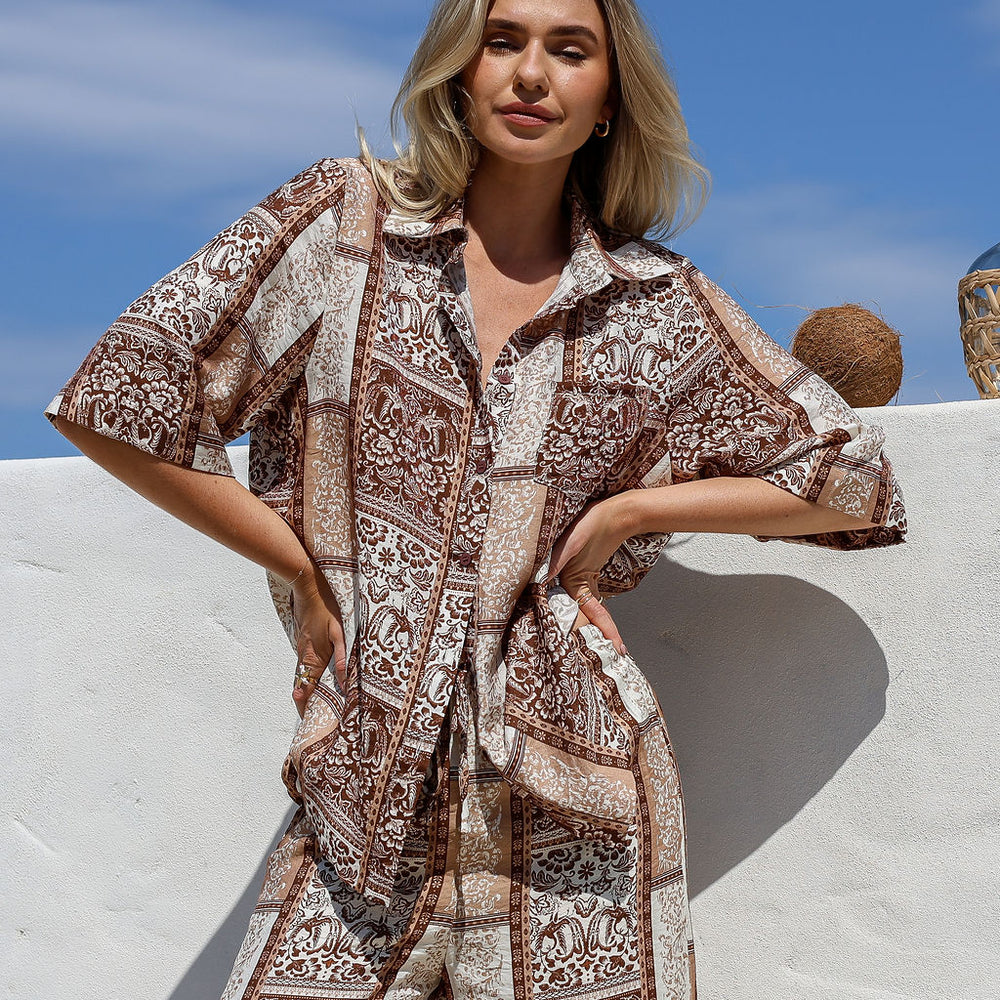 
                      
                        Arlow Boutique women's clothing Australia claire shirt valley print chocolate
                      
                    