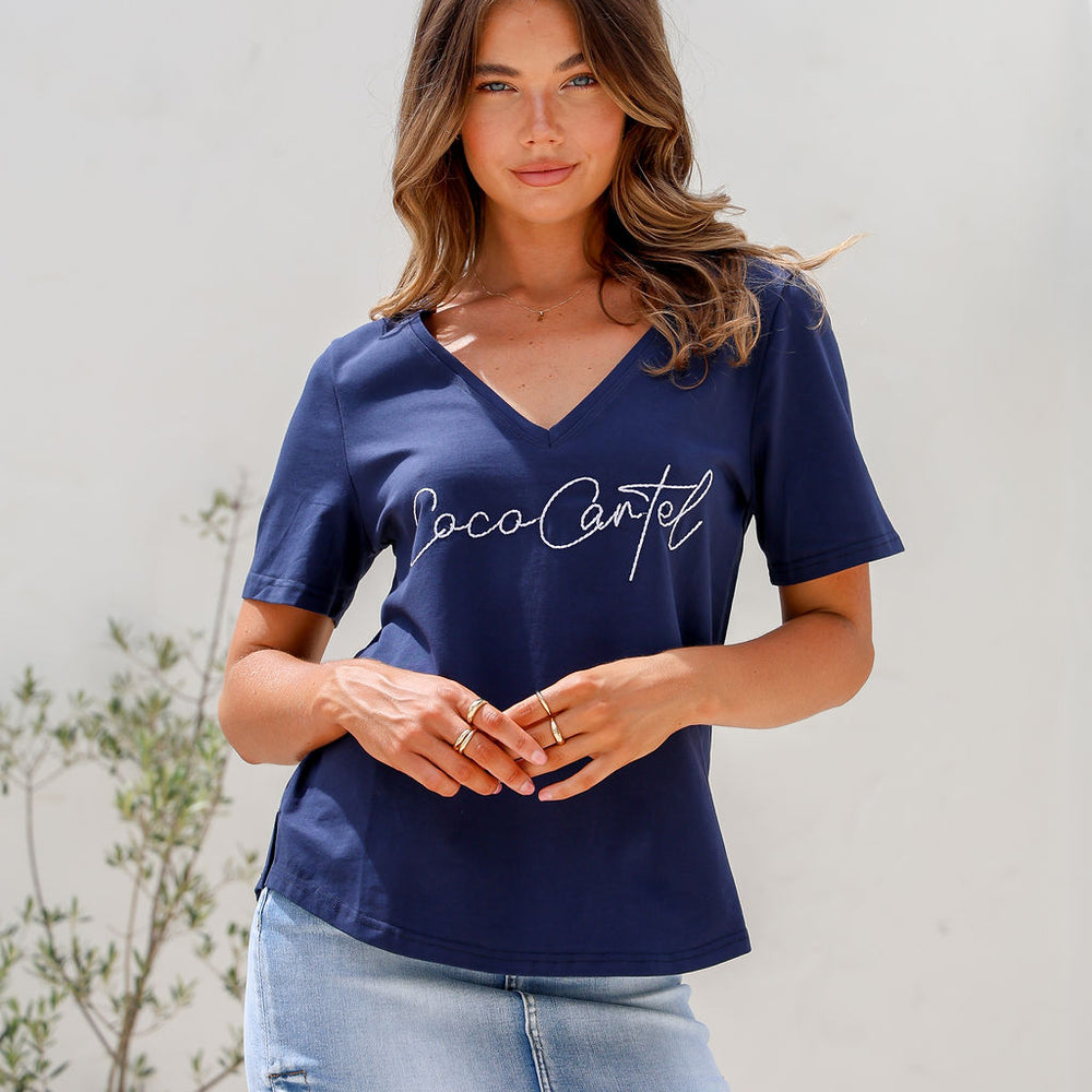 
                      
                        Arlow Boutique women's clothing Australia coco cartel print tee navy
                      
                    