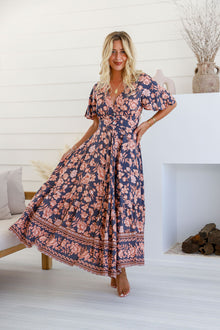  Arlow Boutique women's clothing Australia eris print boho maxi dress navy