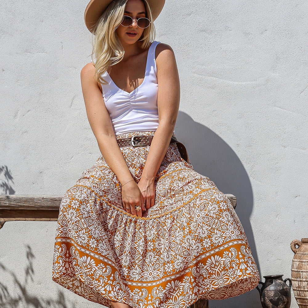 
                      
                        Arlow Boutique women's clothing Australia harper print maxi skirt tan
                      
                    