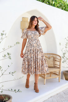  Arlow Boutique women's clothing Australia kimberly boho midi print dress beige