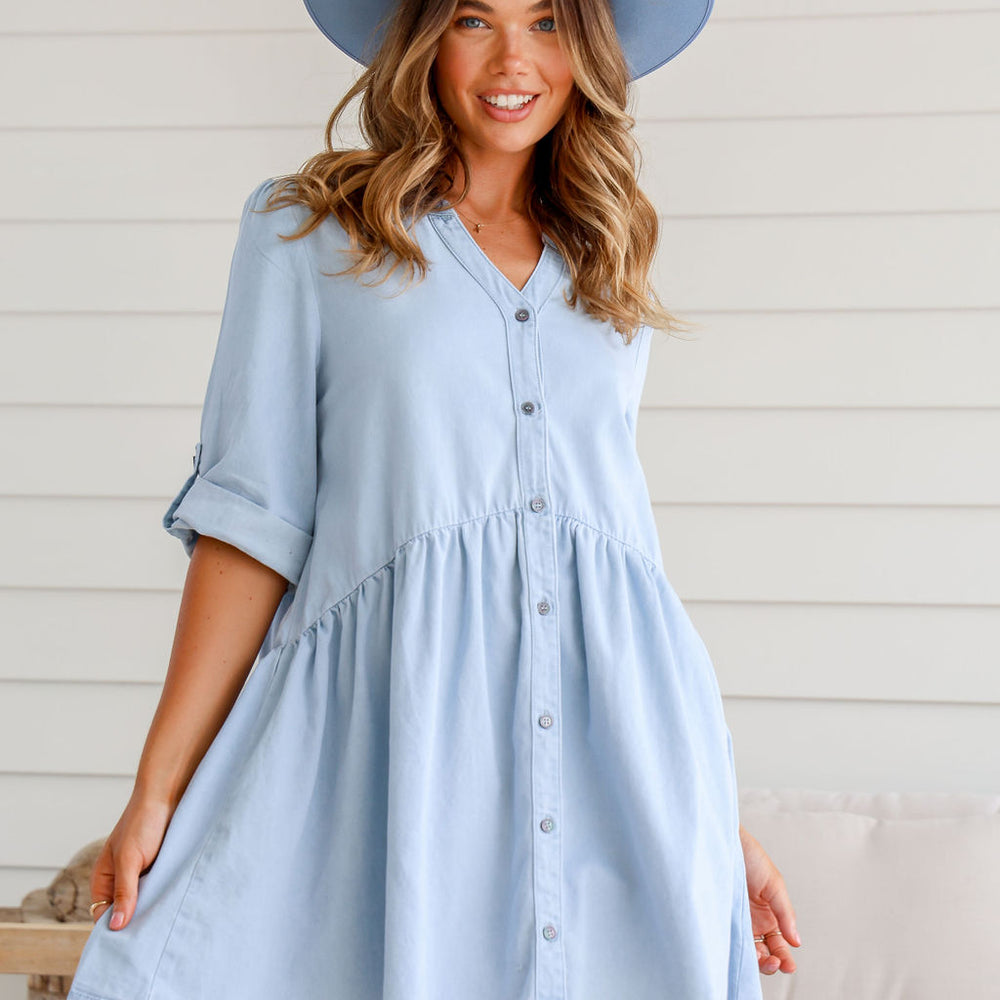 
                      
                        Arlow Boutique women's clothing Australia lacey denim dress light blue
                      
                    