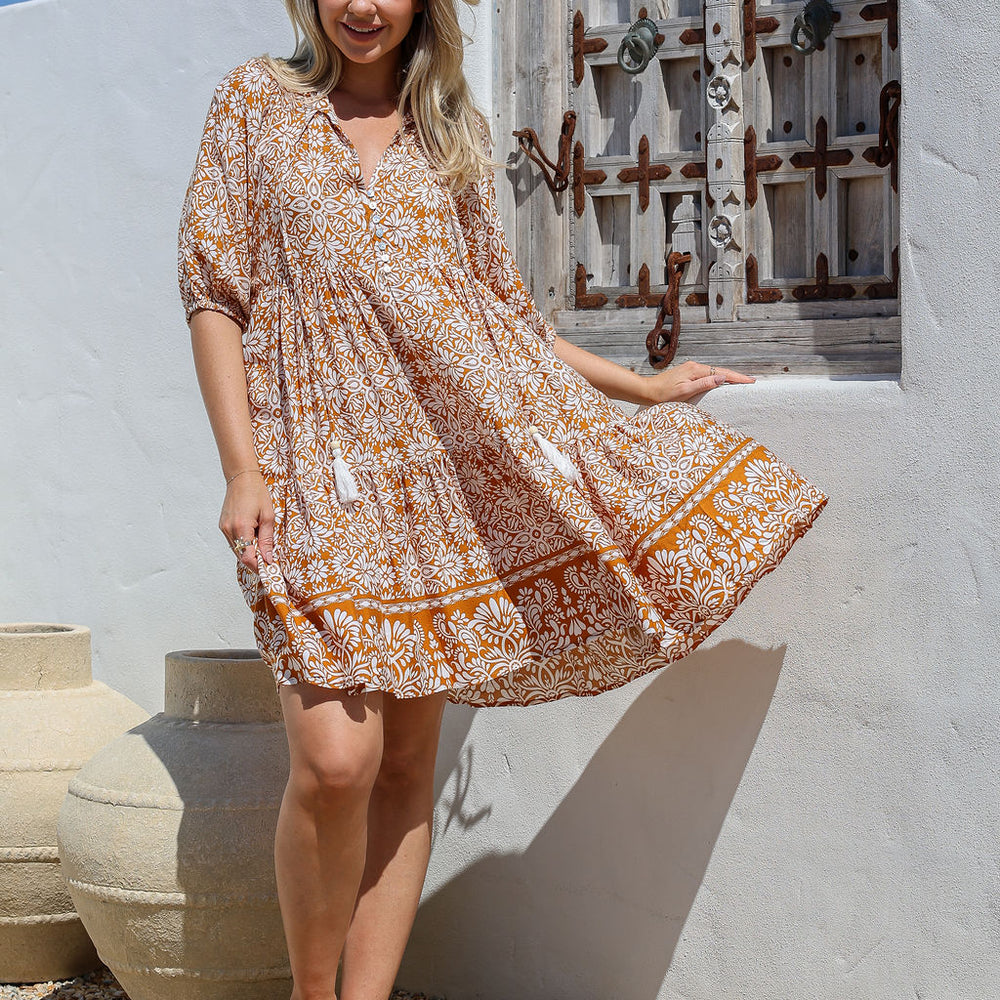 
                      
                        Arlow Boutique women's clothing Australia lulu print short dress tan 
                      
                    