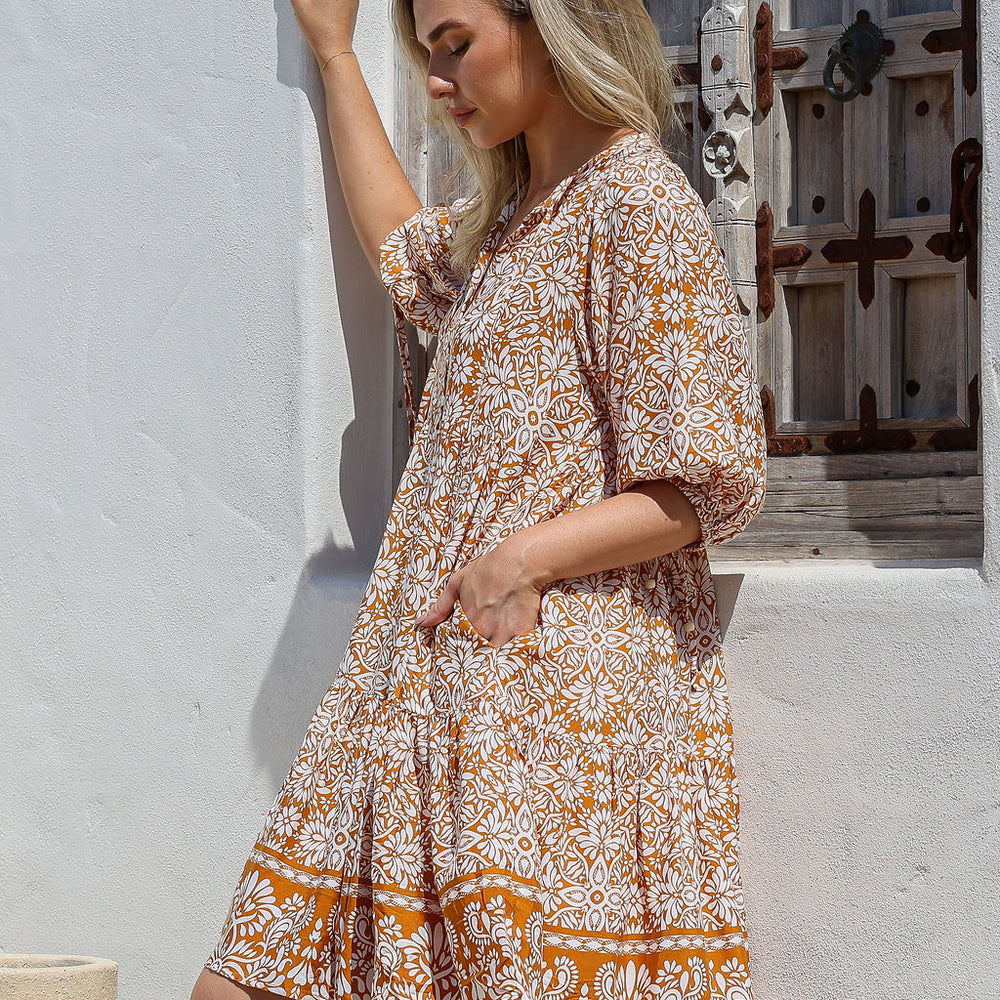 
                      
                        Arlow Boutique women's clothing Australia lulu print short dress tan 
                      
                    