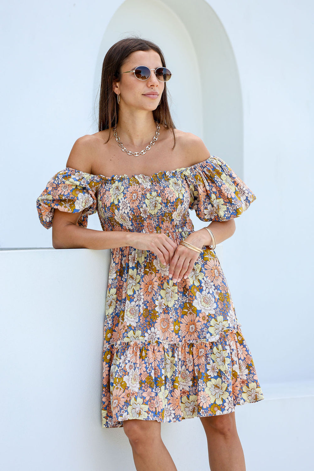 Arlow Boutique women's clothing Australia santorini print shirring dress floral peach