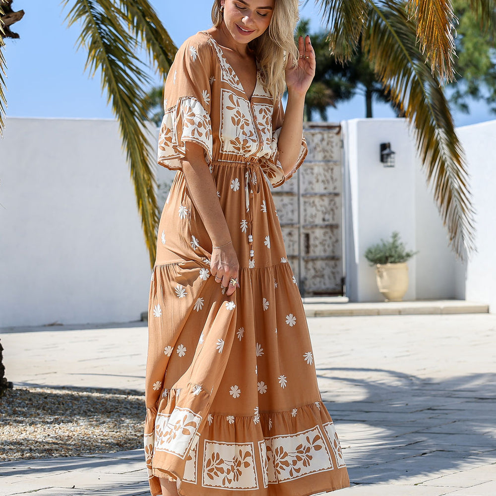 
                      
                        Arlow Boutique women's clothing Australia sunny print maxi dress tan 
                      
                    