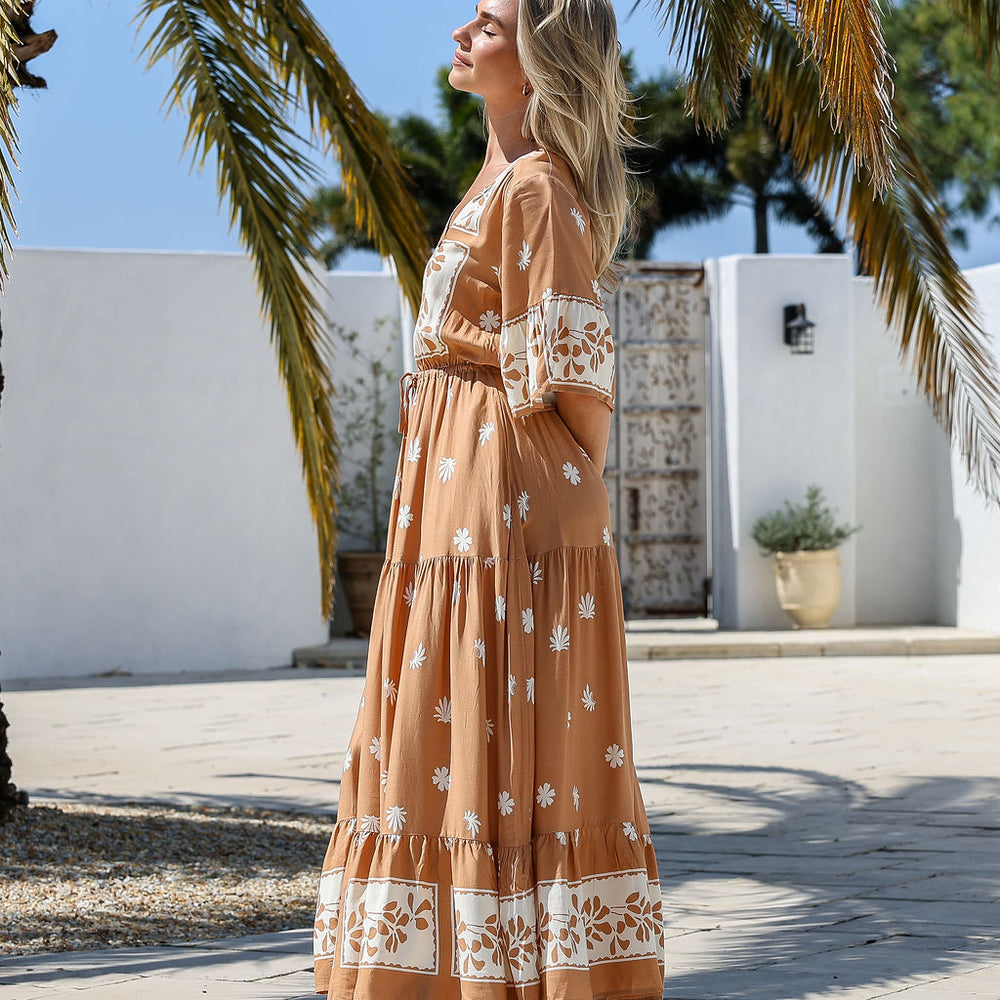 
                      
                        Arlow Boutique women's clothing Australia sunny print maxi dress tan 
                      
                    