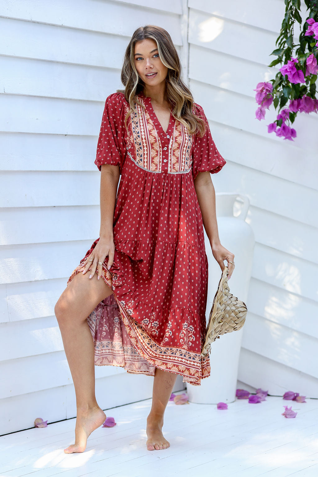 Arlow Boutique women's clothing Australia verona boho print midi dress ruby