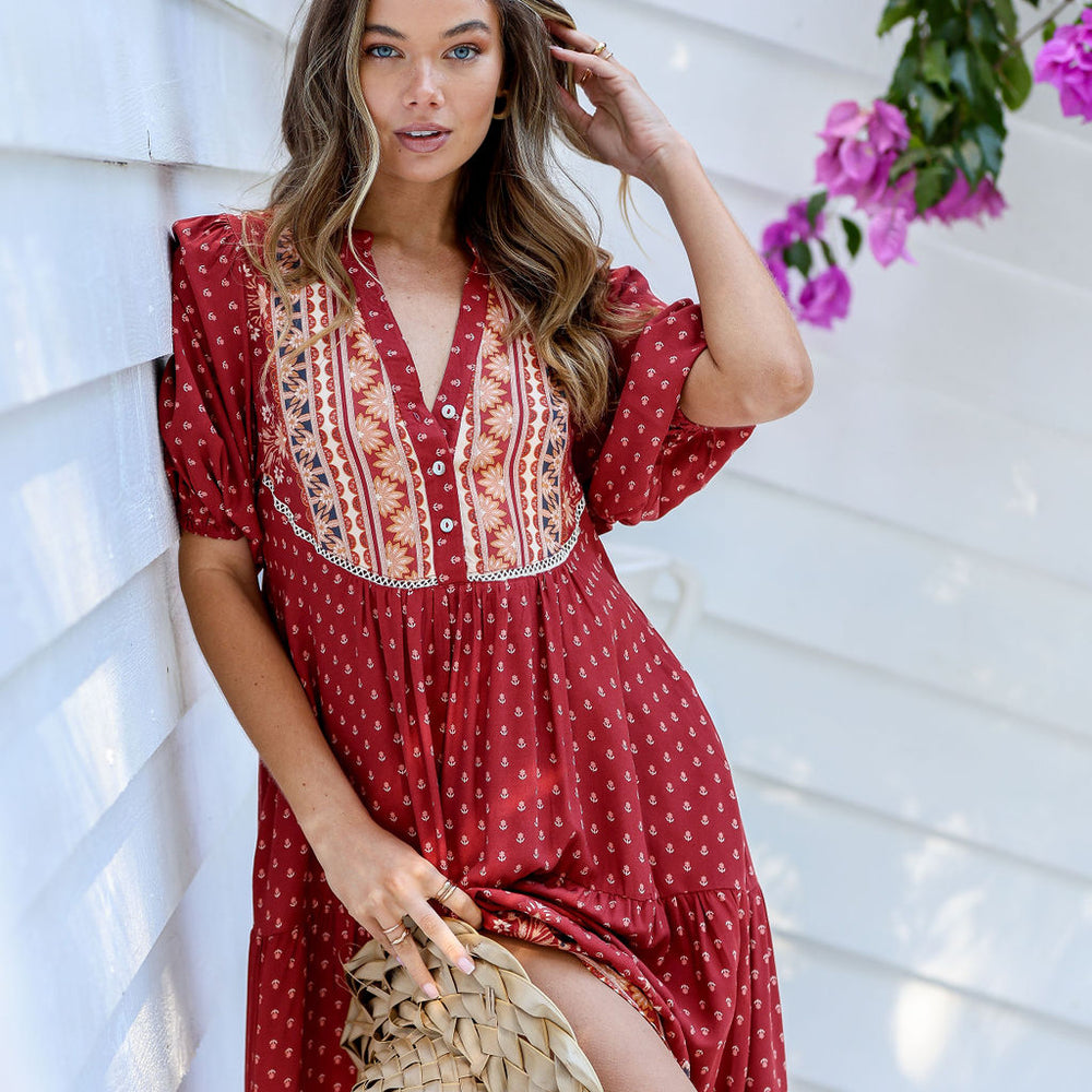 
                      
                        Arlow Boutique women's clothing Australia verona boho print midi dress ruby
                      
                    