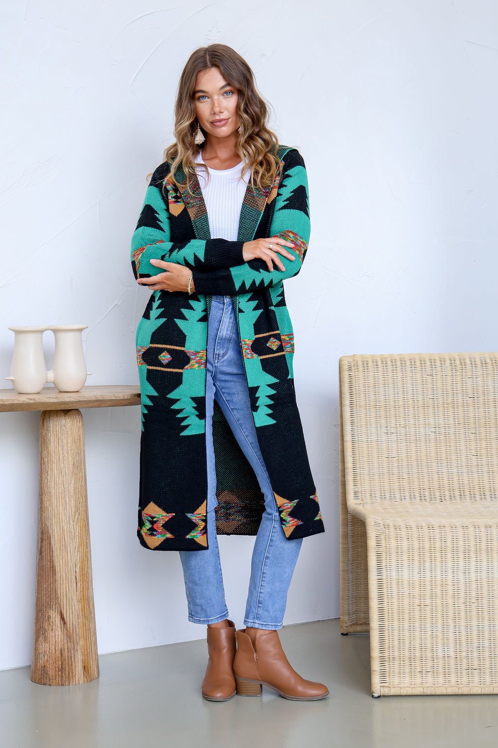 Arlow Boutique women's clothing Australia wanderer boho hoodie knit cardigan-black green