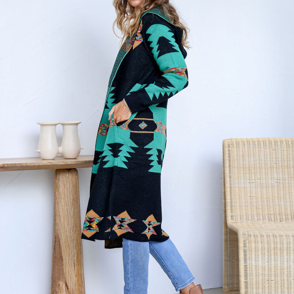 
                      
                        Arlow Boutique women's clothing Australia wanderer boho hoodie knit cardigan-black green
                      
                    