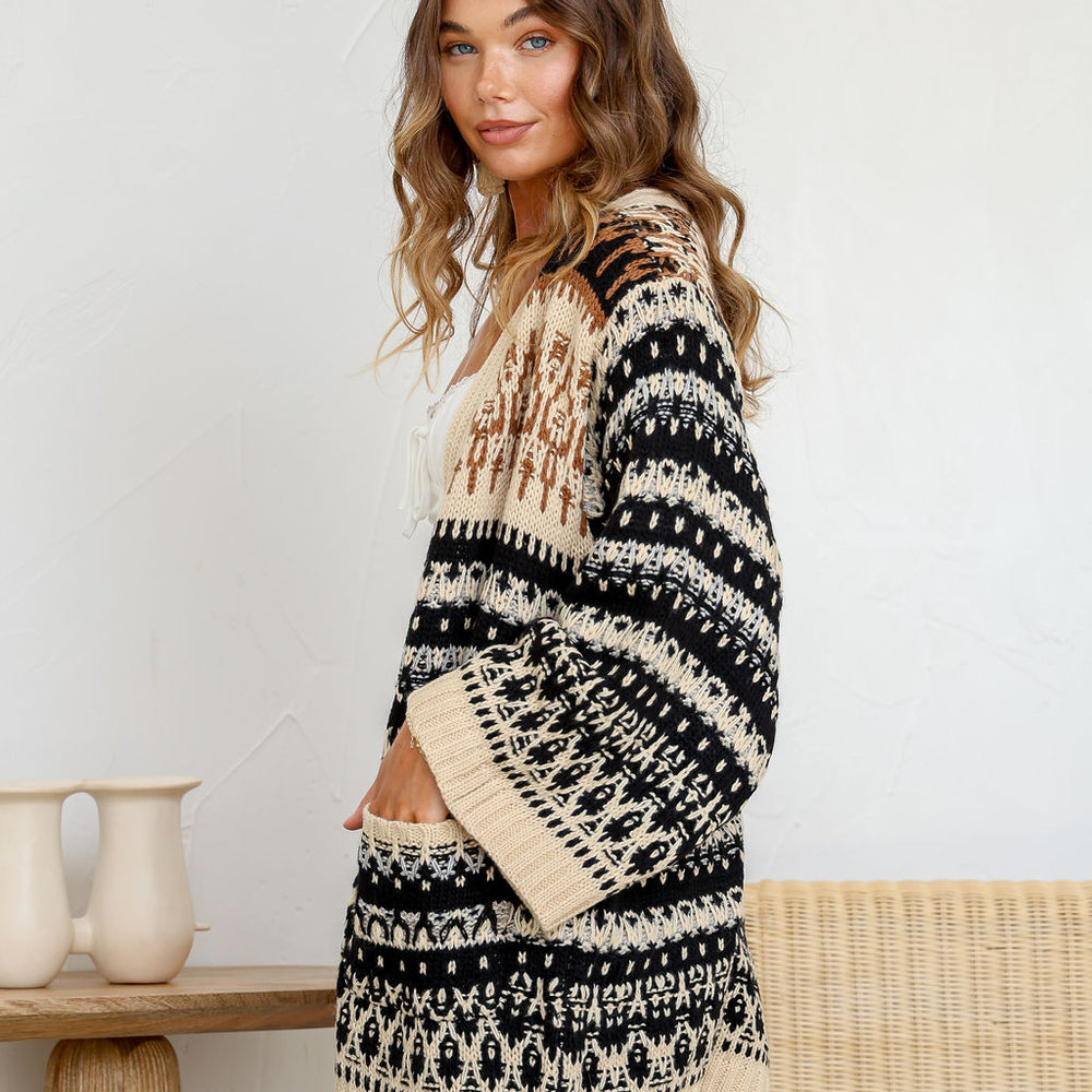 
                      
                        Arlow Boutique women's clothing Australia woodland boho knit cardigan black beige
                      
                    