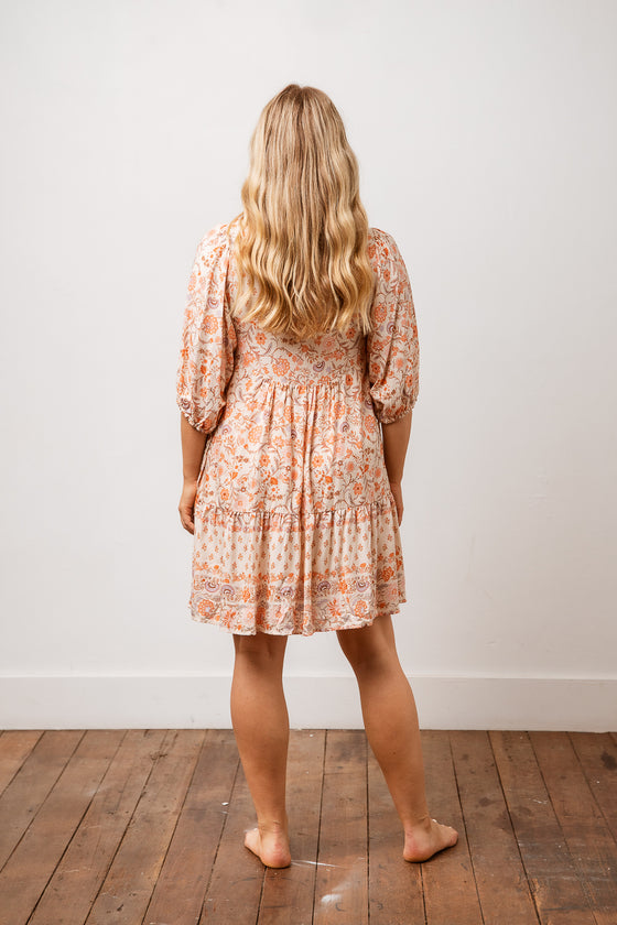 The beautiful Milarose print is now available in a short sleeve bohemian dress shape. Features include a vintage floral border print in soft rayon, button front detail, short blouse sleeves with ties and a slightly gathered skirt coming from under the bust. Dreamy and perfect to take you into summer. Available from arlowboutique.com.au
