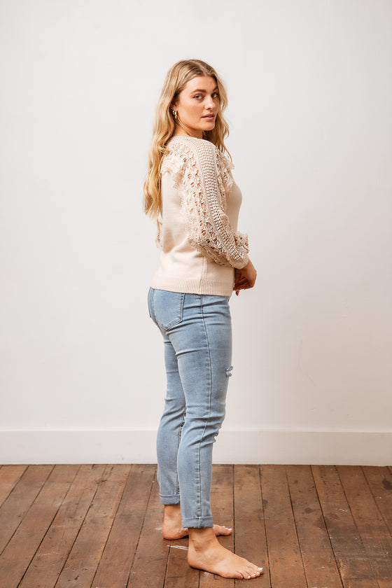 The Amirah Top is a great mix of comfort and style. Featuring a knit fabric, lace detailing across the shoulders and sleeves. A gorgeous option to wear out on date night or a fun night with the girls. Available from Arlowboutique.com.au