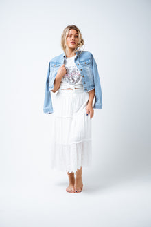  Say hello to the Lenny Midi Skirt! Designed in an embroidered cotton, this skirt features an elastic waist for ease of fit and tie at the waist, a three tiered skirt and scalloped hemline. Great as a beach day throw on, brunch with the girls or a beautiful date night choice. Available from www.arlowboutique.com