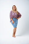 Feel the fresh energy in our new Maggie Print Top. A beautiful vintage inspired boho print rayon in an easy wearing blouse shape.  Featuring a 70's throwback vibe in a peasant shape with front button detailing, gathered skirt and billowing balloon sleeves. Style it with a pair of distressed jeans & sandals for a gorgeous off-duty look. Available from www.arlowboutique.com