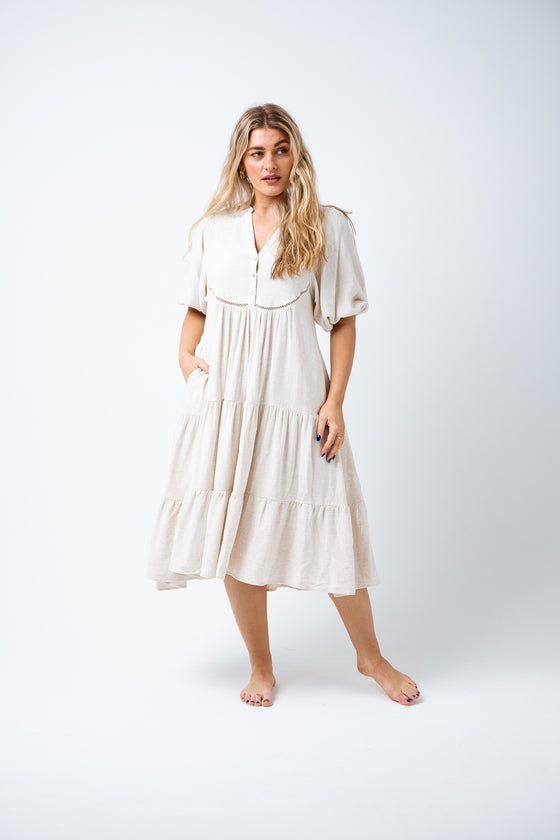 Fall in love with our beautiful Aubrey Dress. Effortlessly feminine and featuring soft short balloon sleeves, a front bib & button detail with delicate crochet trimming and mid length skirt with tiered frill panel. Available from www.arlowboutique.com