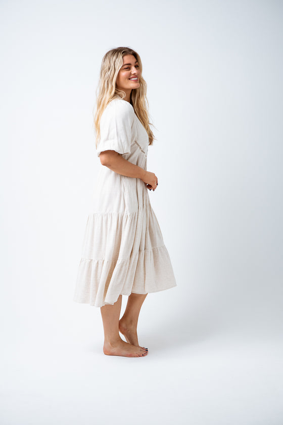 Fall in love with our beautiful Aubrey Dress. Effortlessly feminine and featuring soft short balloon sleeves, a front bib & button detail with delicate crochet trimming and mid length skirt with tiered frill panel. Available from www.arlowboutique.com