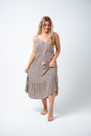 Our easy to wear Yelena dress is made from a small leopard print on soft rayon fabric. Features include a mid-length skirt with single tiered frill panel and thin straps. The perfect shape for that relaxed day look. Available from www.arlowboutique.com