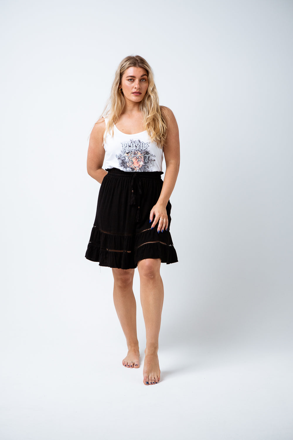 The Poppy Skirt is one of our fave skirt shapes of the season. Featuring an elastic waist for ease of fit and tie at the waist, delicate crochet trimming and a two tiered flippy skirt hem. A great item for a weekend away or as an easy wearing beach throw over. Available from www.arlowboutique.com