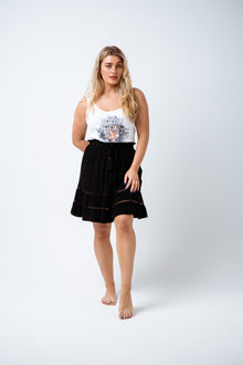  The Poppy Skirt is one of our fave skirt shapes of the season. Featuring an elastic waist for ease of fit and tie at the waist, delicate crochet trimming and a two tiered flippy skirt hem. A great item for a weekend away or as an easy wearing beach throw over. Available from www.arlowboutique.com