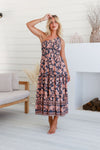 Arlow Boutique women's clothing Australia eris print midi shirring dress boho navy floral one shoulder dress