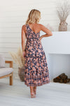 Arlow Boutique women's clothing Australia eris print midi shirring dress boho navy floral one shoulder dress