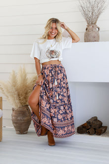  Arlow Boutique women's clothing Australia iris print boho maxi skirt navy