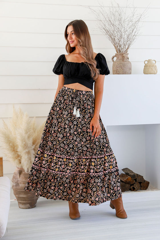 Arlow Boutique women's clothing Australia milena print boho maxi skirt black floral