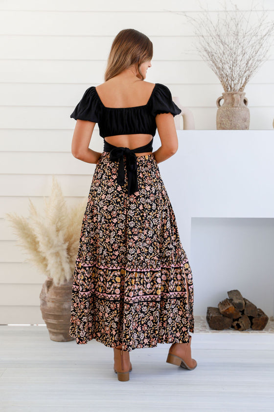 Arlow Boutique women's clothing Australia milena print boho maxi skirt black floral back