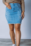 The Darcy Denim Skirt is available in light blue denim wash. Design features include a high waist fitted silhouette in stretch denim, five pocket styling, raw hemline, zip fly with button closure and tearing detail. Team with your favourite top and some sneakers for a comfy casual look. 