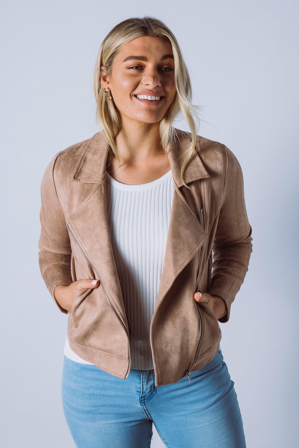 Create an urban aesthetic in the Rider jacket which is shaped to a waist length silhouette. Featuring a notched collar, asymmetric front zip closure, zip detailed pockets and finished in a soft faux suede fabric.   Available in 3 colours