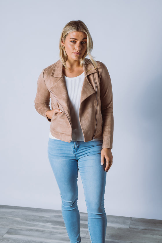 Create an urban aesthetic in the Rider jacket which is shaped to a waist length silhouette. Featuring a notched collar, asymmetric front zip closure, zip detailed pockets and finished in a soft faux suede fabric.   Available in 3 colours