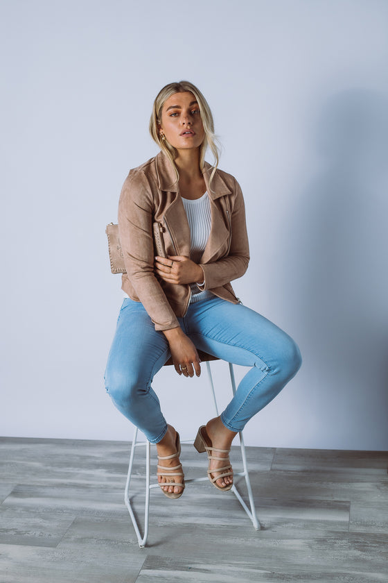 Create an urban aesthetic in the Rider jacket which is shaped to a waist length silhouette. Featuring a notched collar, asymmetric front zip closure, zip detailed pockets and finished in a soft faux suede fabric.   Available in 3 colours